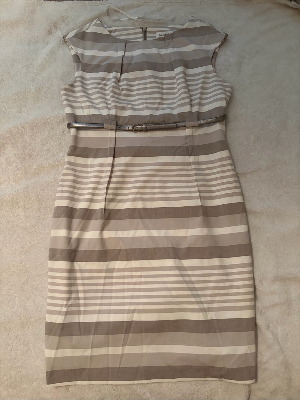 Calvin Klein Size 12 Taupe Ivory Striped Belted Sheath Dress